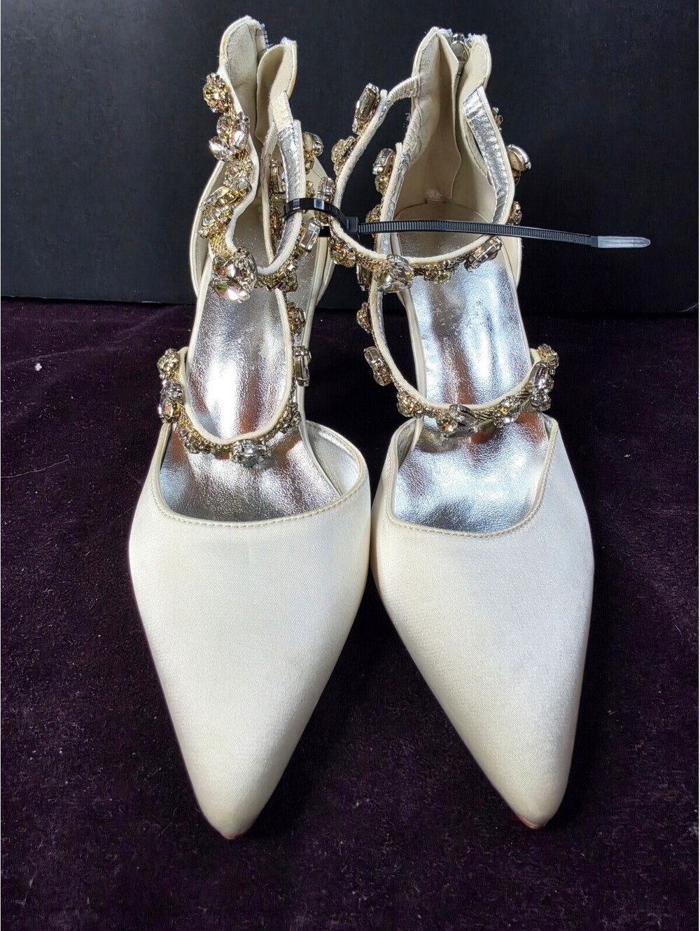 Ivory Satin Pointed Toe Heels with Rhinestone Straps Size 39